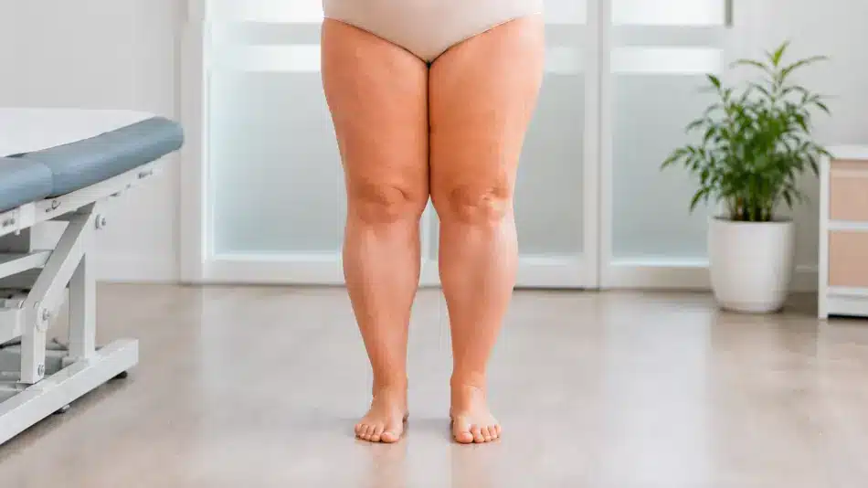Mujer con lipedema sentada en consulta médica mientras el especialista valora el volumen de sus piernas