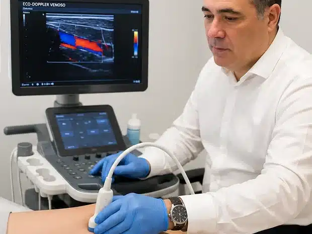 Dr. Jorge Molina performing a venous Doppler ultrasound in clinic