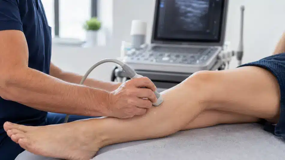 Especialista realizando un ECO-Doppler venoso en la pierna de un paciente en consulta vascular