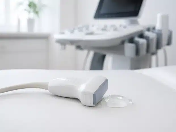 Ultrasound probe ready to perform a vascular examination