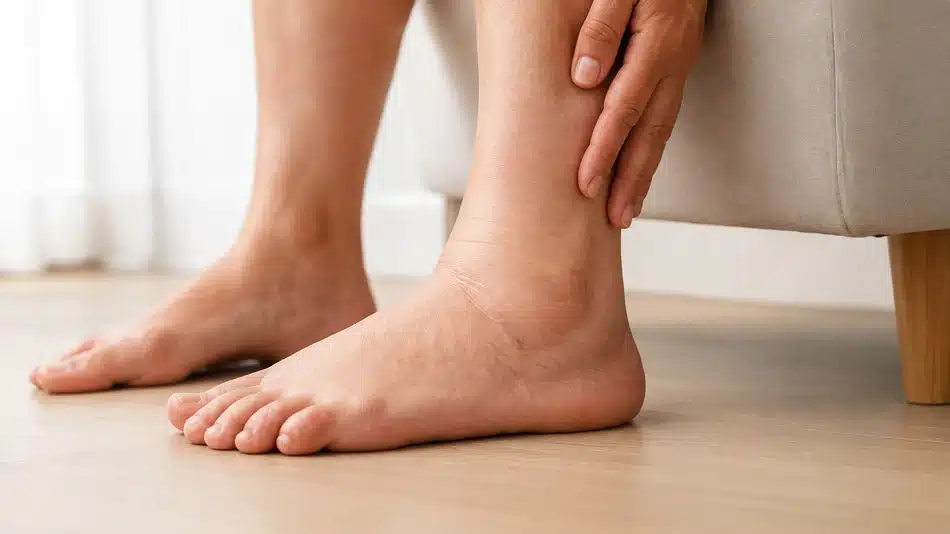 Persona tocándose el tobillo hinchado por edema de miembros inferiores