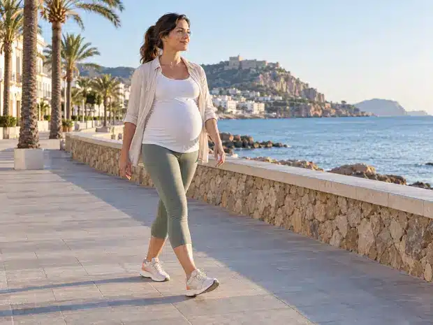 Mujer embarazada caminando a un ritmo suave junto al mar
