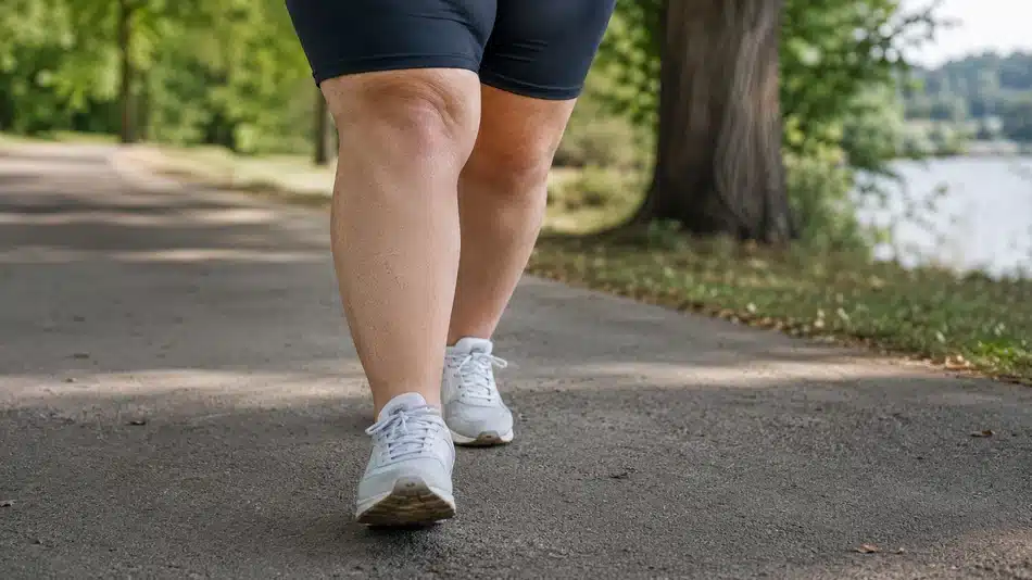 Persona con obesidad caminando al aire libre con calzado cómodo