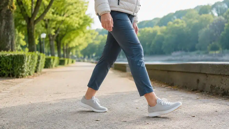 Persona caminando al aire libre para favorecer el retorno venoso y linfático de las piernas
