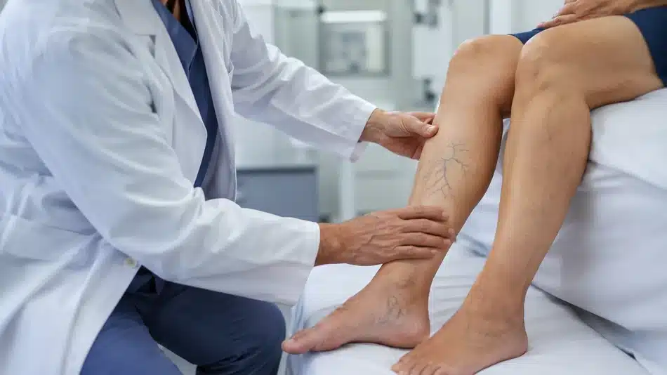 Cirujano vascular revisando una pierna con varices visibles de forma discreta