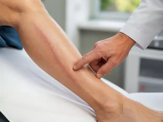 Flebitis superficial visible durante una exploración clínica vascular