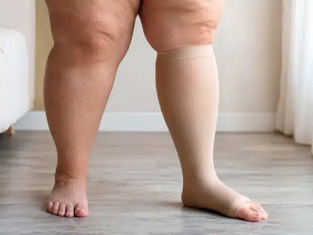 Leg of a person with obesity wearing an unbranded compression stocking