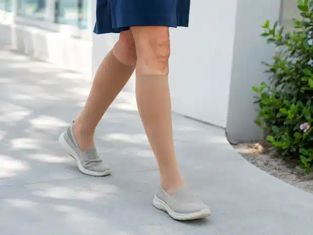 Person walking with compression stockings to support venous / lymphatic return
