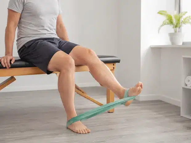 Gentle exercise with an elastic band to strengthen the legs progressively