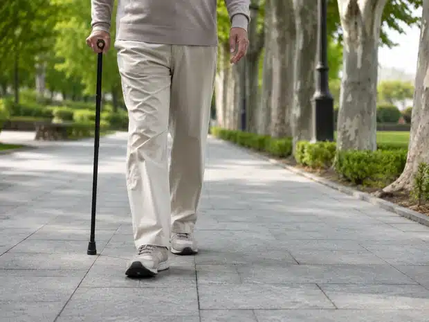 Older adult walking gently as a daily exercise for the legs