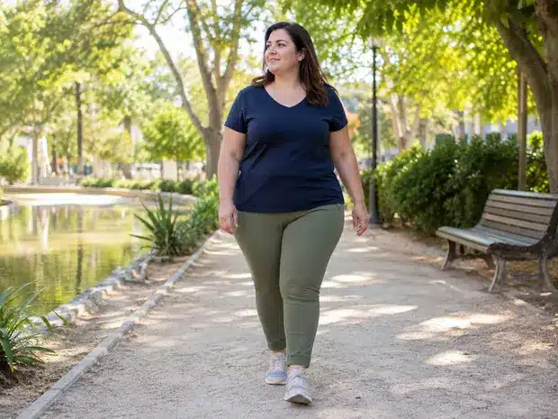 Woman walking at a gentle pace as part of adapted physical activity to support mobility
