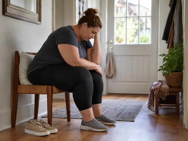Woman sitting next to her shoes before going out, pausing calmly because of leg discomfort