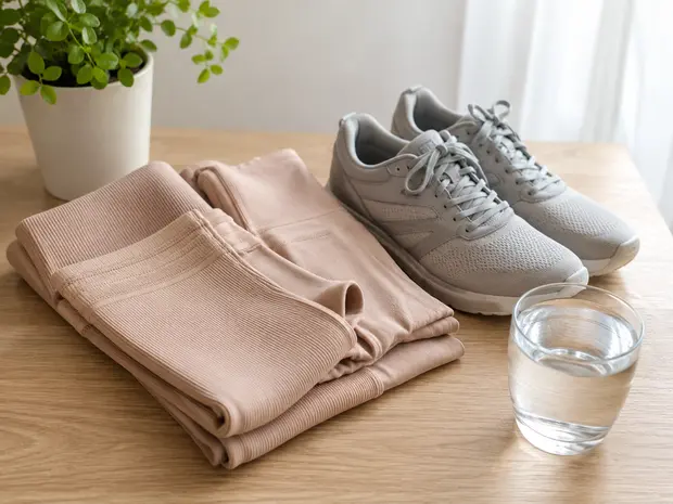 Compression garments and comfortable footwear prepared on a table as part of self-care