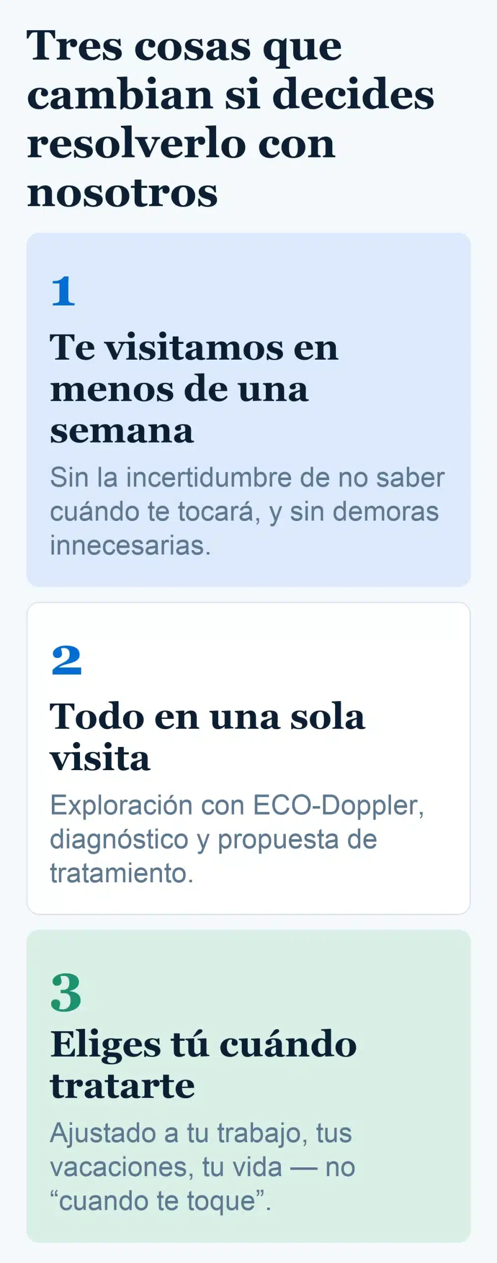 Tres pasos de la Consulta de Alta Resolución: cita en menos de una semana, diagnóstico y propuesta de tratamiento en la misma visita, y el paciente elige la fecha del tratamiento