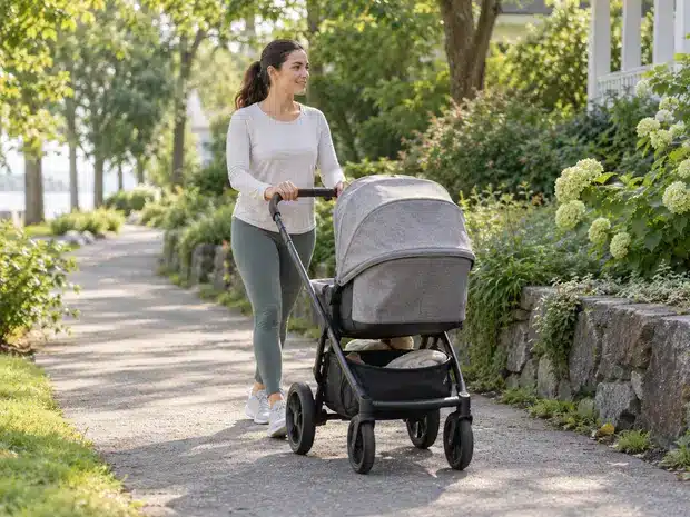 Mujer paseando con su bebé durante el posparto