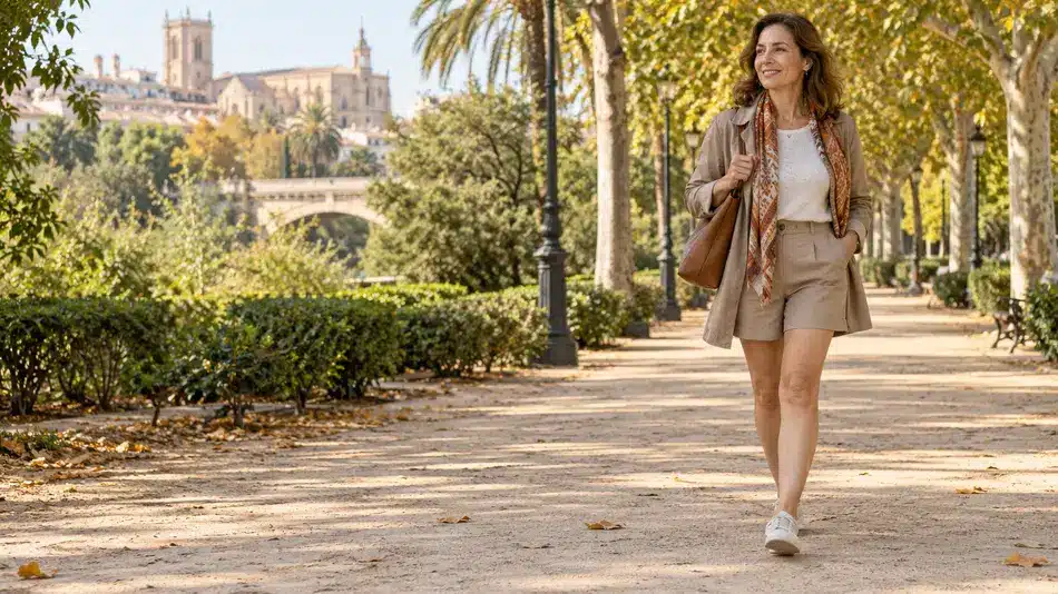 Mujer caminando por un parque durante el oto&ntilde;o