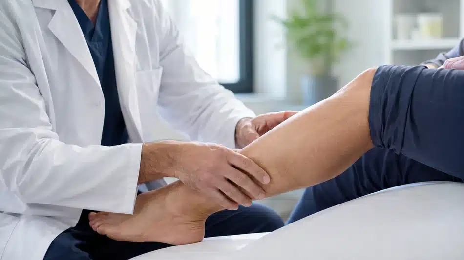Cirujano vascular explorando la pierna de un paciente en consulta
