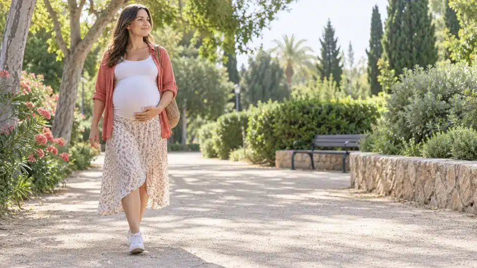 Mujer embarazada caminando por un parque