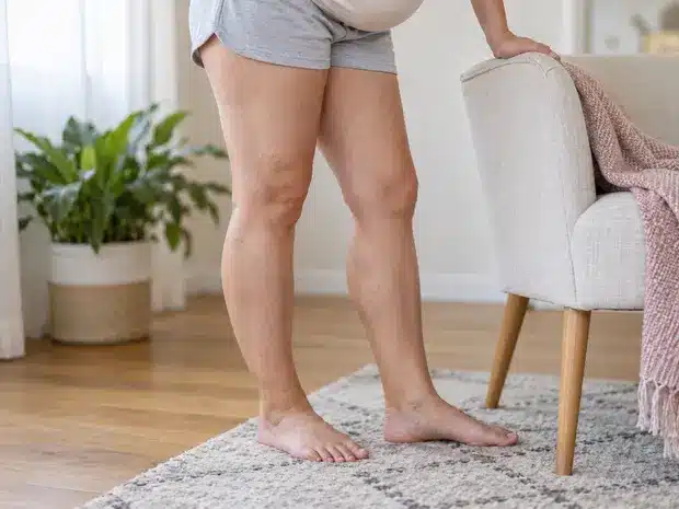 Piernas de una mujer embarazada con venas superficiales visibles