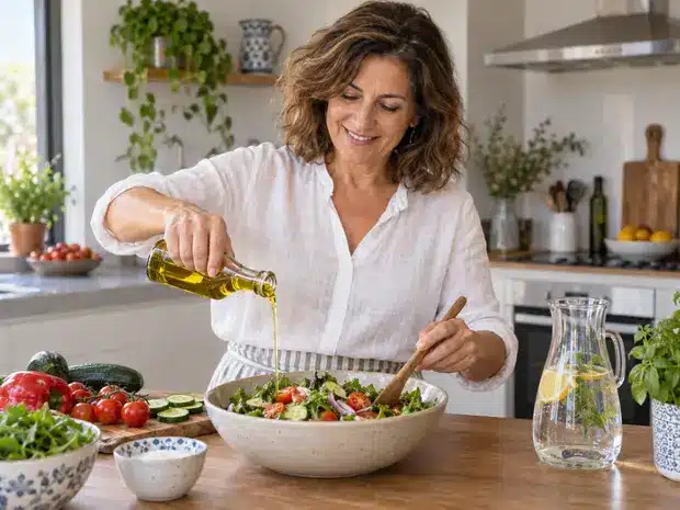 Mujer preparando una ensalada con alimentos de estilo mediterráneo