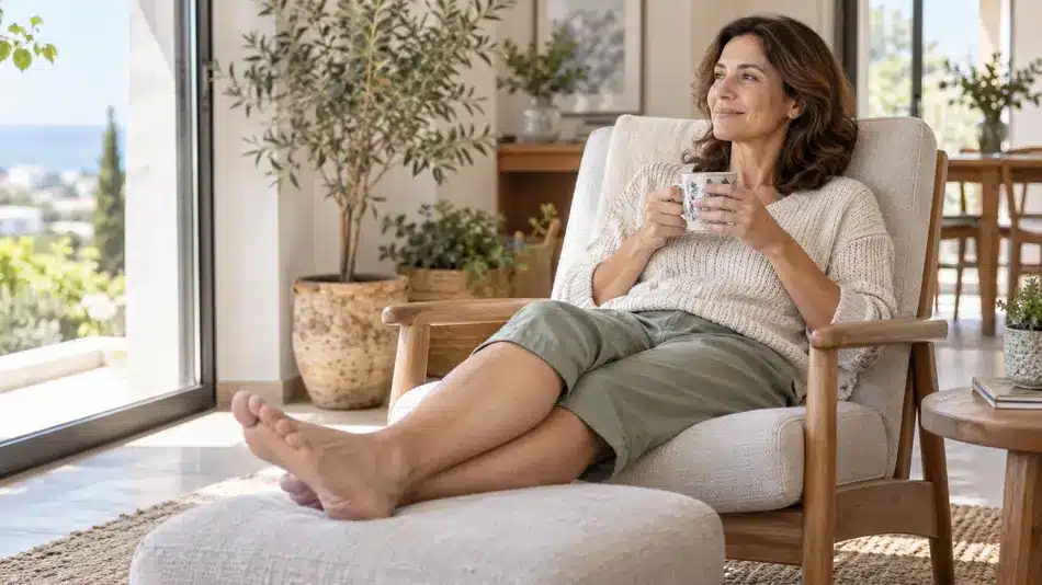 Mujer en la menopausia descansando las piernas sobre un reposapiés en casa