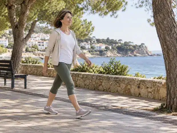 Mujer de mediana edad caminando por un paseo junto al mar