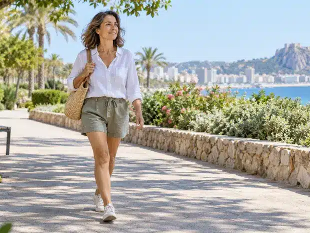 Mujer caminando por un parque mediterráneo durante la menopausia