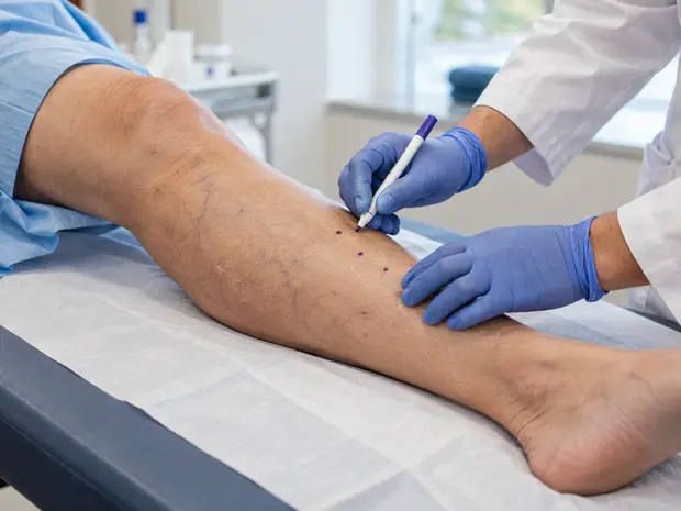 Especialista preparando la pierna antes de un tratamiento de varices