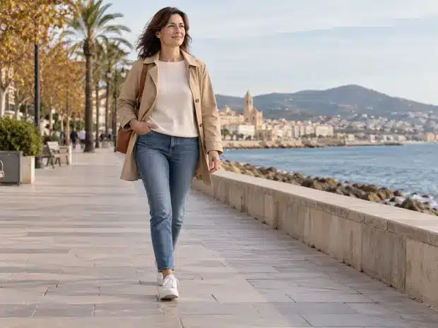 Mujer caminando por un paseo marítimo en otoño