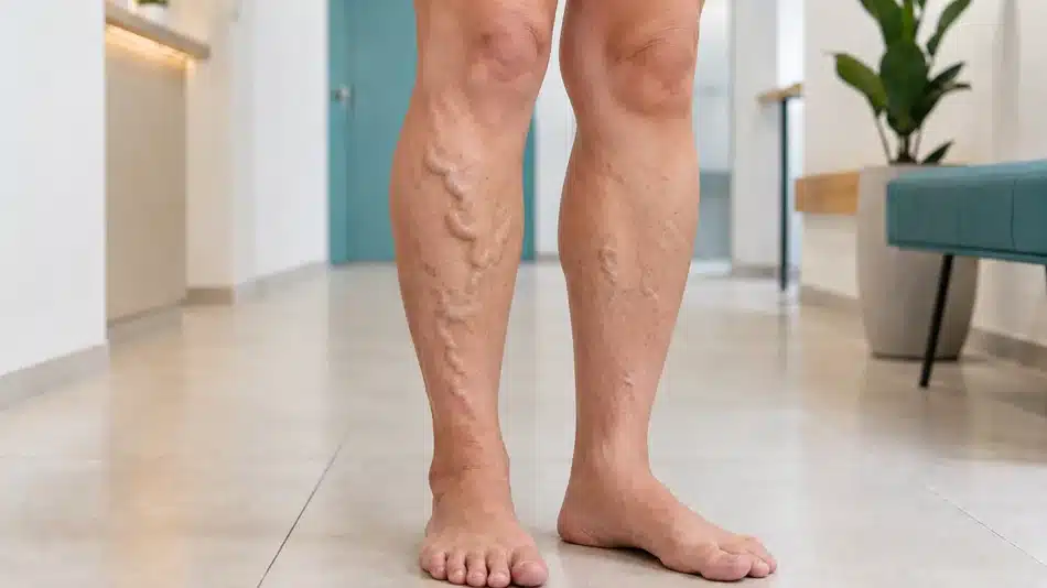 Piernas con varices visibles en una consulta clínica