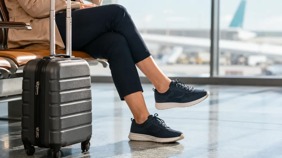 Persona sentada con maleta durante un viaje largo, con las piernas en reposo
