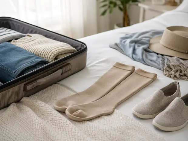Medias de compresión y calzado cómodo preparados para un viaje largo