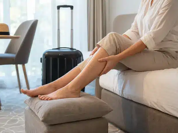 Persona elevando las piernas después de un viaje para aliviar la sensación de pesadez