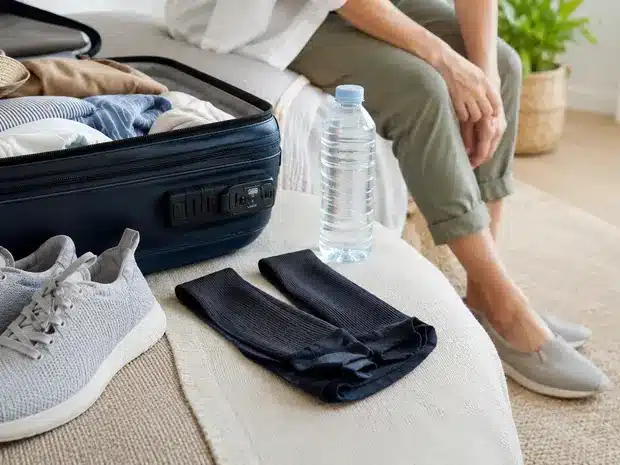 Calzado cómodo, medias de compresión y botella de agua preparados para un viaje